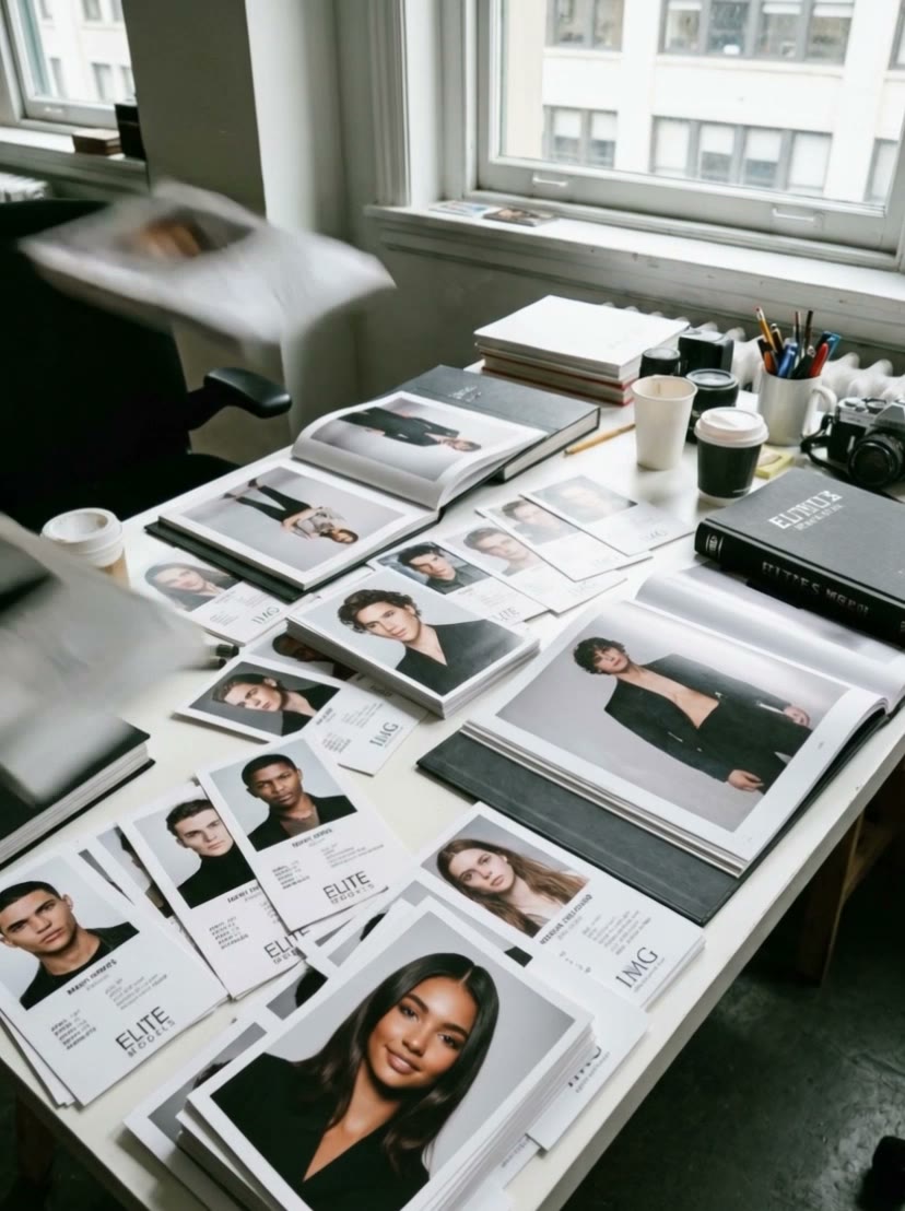 Casting board reel: polaroids of fashion talent appearing on a wooden table, an editorial casting director workspace